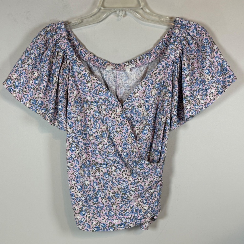 ASTR the Label Wrap Top Women XS Pink Blue Floral Linen Mix Cottagecore Romantic